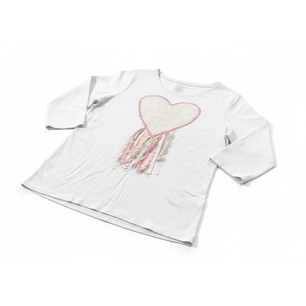 LL Bean Heart 3/4 Sleeve White Shirt Size XL